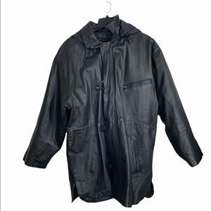 Fashion Elements Men's Leather Coat Black Large Removable Hood